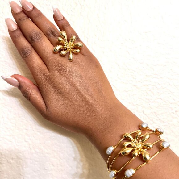 Pearl Cuff Bracelet Gold Plated & Ring Set - Picture 2 of 3